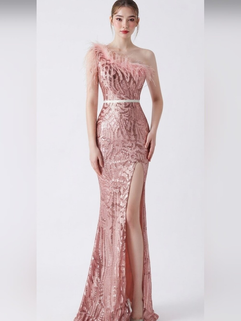 Lotus Pink, Assymmetrical Beaded, Ostrich Feathers, Geo Print,  Sequined Gown